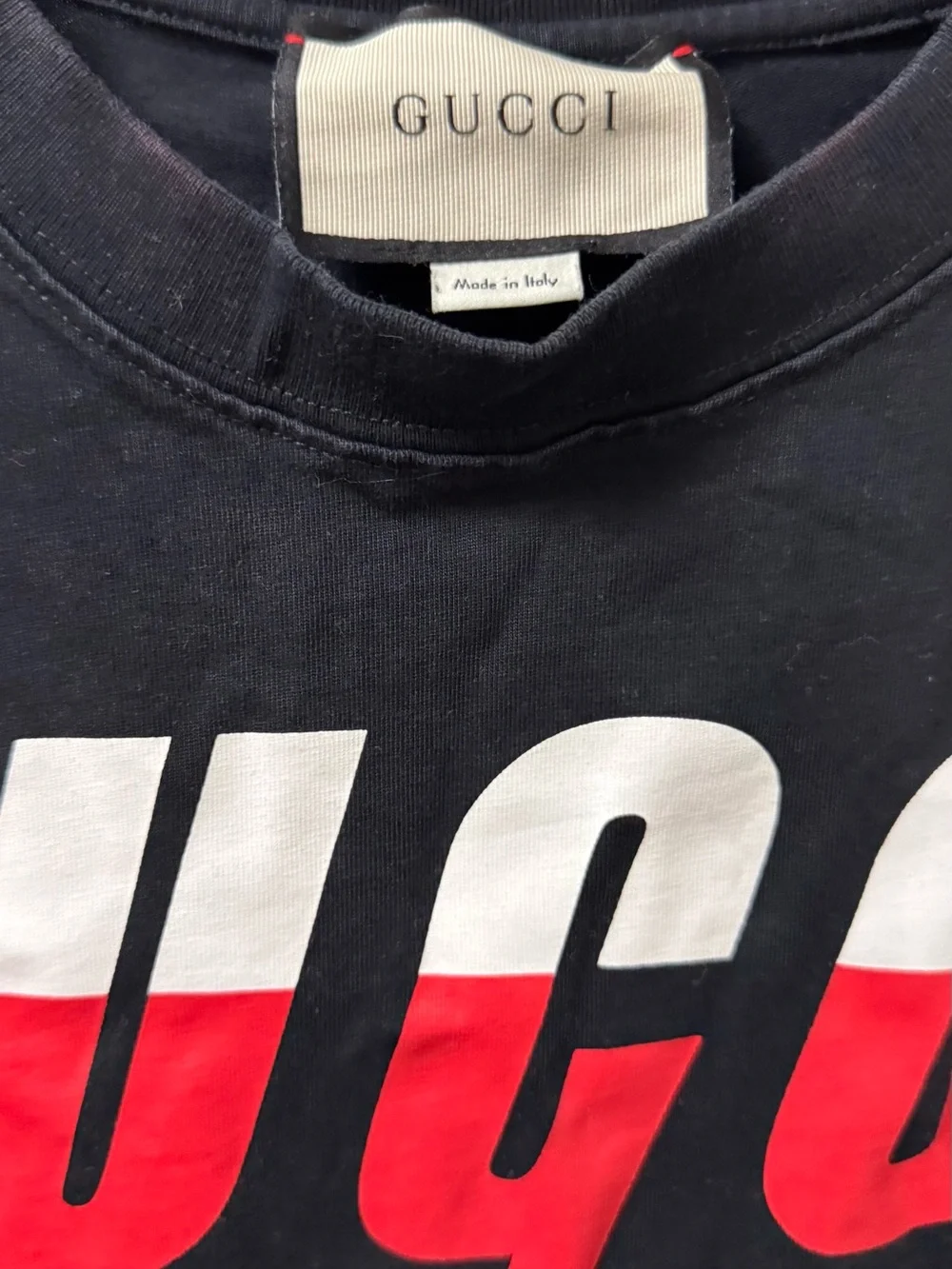 Gucci Black Short-Sleeve Graphic Logo Tee with Red & White Accents